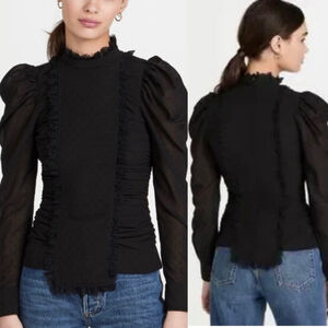Ganni Dotted Georgette Blouse NWT | Black Lace Ruffle High Neck - Size 34 (XS)